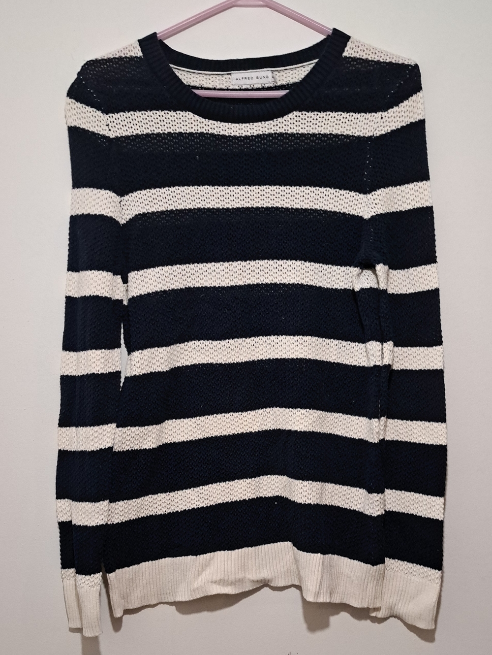 ALFRED SUNG Navy and White Striped Crew Neck Sweater 100% Cotton